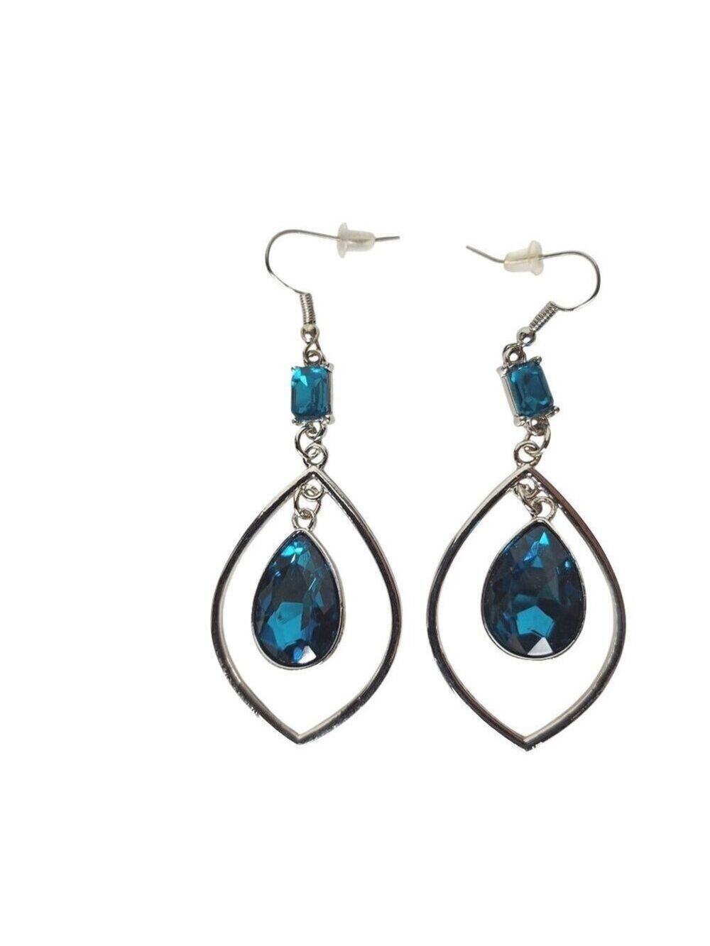Silver Tone Teardrop Earrings Blue Gemstones